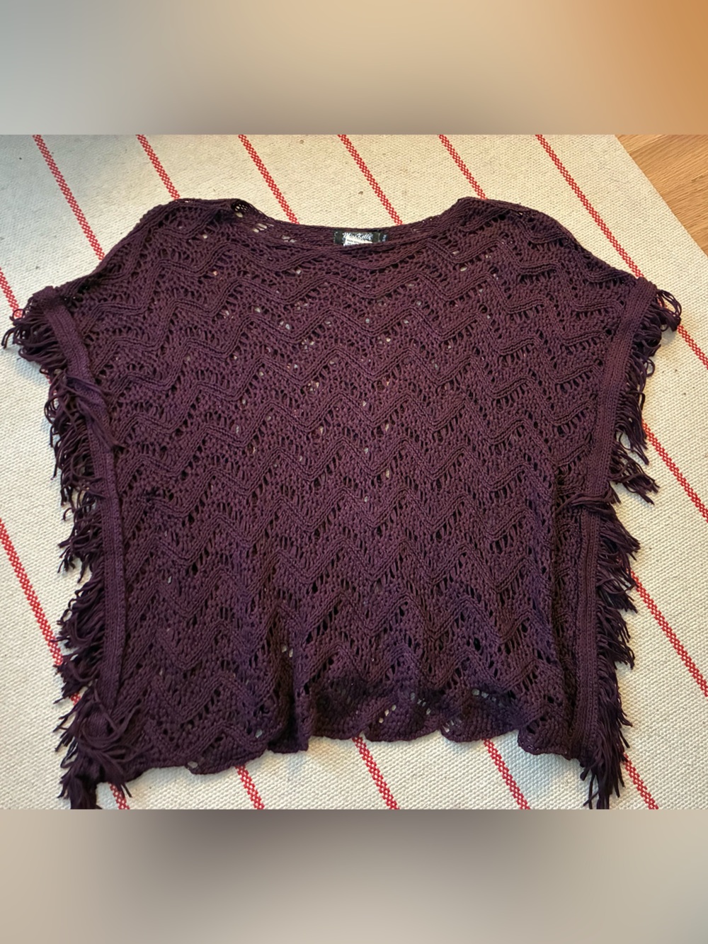 Women’s Open-Knit Fringe Tunic Poncho - Deep Plum